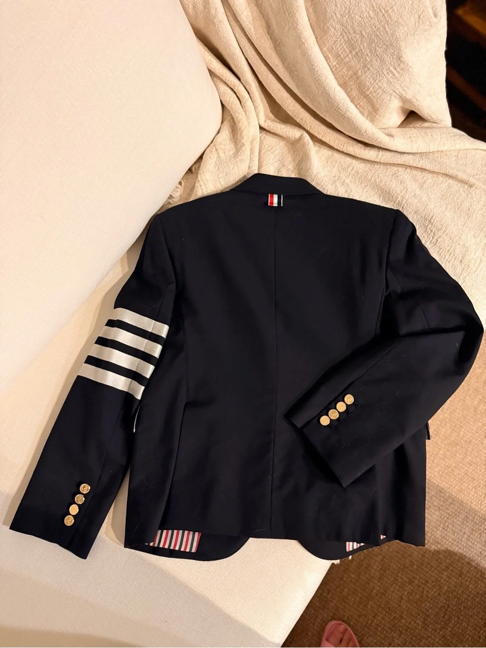 Thom Browne Navy Wool Blazer with White Sleeve Stripes